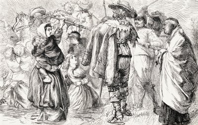 Angielscy protestanci topieni przez irlandzkich katolików podczas irlandzkiego buntu w 1641 r., ok. 1865 r. (drewno) autorstwa English School