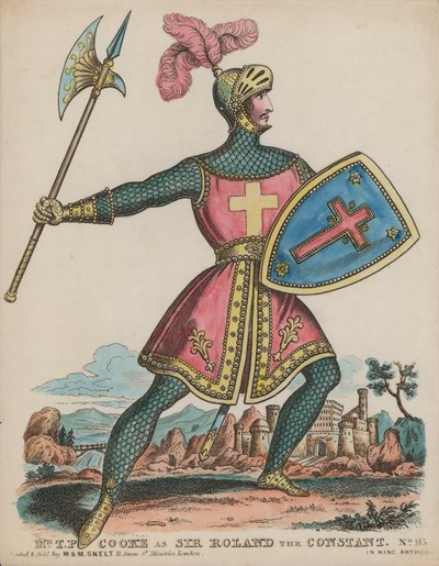 Angielski aktor Thomas Potter Cooke jako Sir Roland Stały w Królu Arturze (kolorowy grawerunek) autorstwa English School