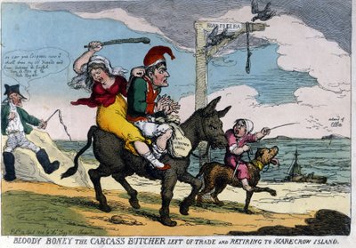 Angielska kreskówka przedstawiająca wygnanie cesarza Napoleona I na osiołku w drodze na wyspę Elba. 04/1814. autorstwa English School