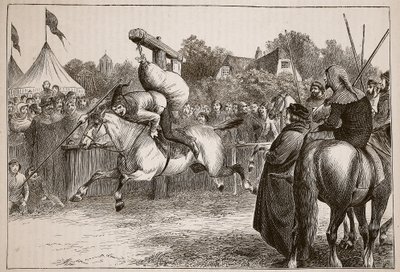 Angielskie wesołe miasteczko w XIV wieku: Przechylając się w Quintain, ilustracja z Cassells Illustrated History of England (zdjęcie w sepii) autorstwa English School