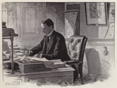 Angielski polityk George Curzon w pracy w swoim biurze w India Office (lito) autorstwa English School