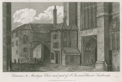 Wejście do Montague Close i część kościoła St Saviors, Southwark, Surrey autorstwa English School
