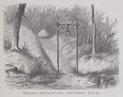 Wejście do chaty fetyszystycznej w Lunda, z Historii ludzkości, tom 1, autorstwa prof. Friedricha Ratzela, 1896 autorstwa English School