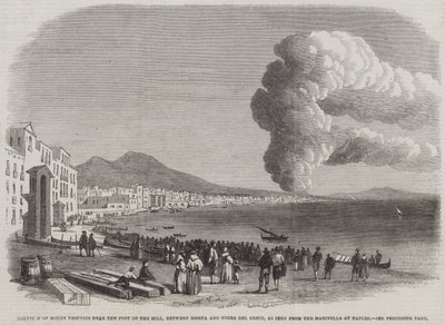 Erupcja Wezuwiusza u podnóża wzgórza, między Resina i Torre del Greco, widziana z Marinelli w Neapolu (rycina) autorstwa English School