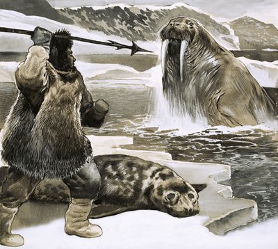 Eskimos atakujący morsa autorstwa English School