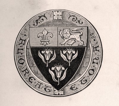 Tarcza Eton nałożona na koło z mottem szkolnym, ilustracja z Pamiętników wybitnych Etonian, autorstwa Sir Edwarda Creasy