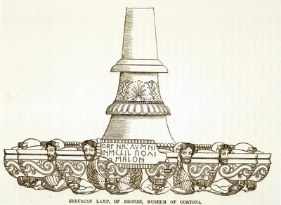 Etruska lampa z brązu w Muzeum Cortona (grafika) (zdjęcie czarno-białe) autorstwa English School