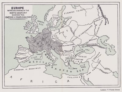 Europa na początku IX wieku przedstawiająca imperium Karola Wielkiego (kolorowa litografia) autorstwa English School