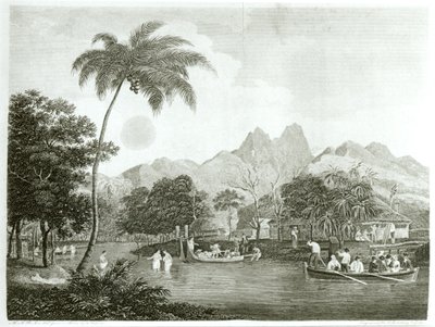 Europejscy misjonarze w wiosce na Tahiti, od Podróży misyjnej do południowego Pacyfiku odbytej w latach 1796-98 w Ship Duff, opublikowane w 1799 autorstwa English School