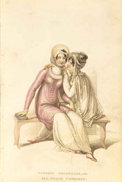 Stroje wieczorowe, na promenadę lub na plażę morską, talerz z modą z Ackermanns Repository of Arts autorstwa English School