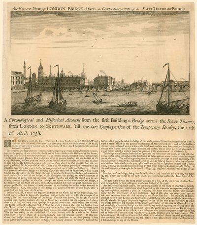 Dokładny widok na most londyński od czasu pożaru późnego mostu tymczasowego, 11 kwietnia 1758 r autorstwa English School