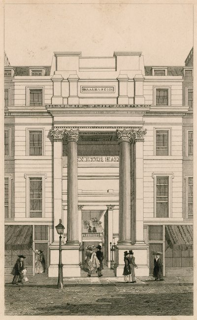 Exeter Hall, Strand, Londyn; z Gentlemans Magazine; dowód autorstwa English School