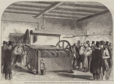 Eksperymenty wykonane na maszynie do wypieku chleba Stevensa w Marylebone Workhouse (grawerowanie) autorstwa English School