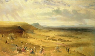 Rozległy widok na Diabelską Dyke, Newmarket z piknikami szlacheckimi, ok. 1840 r. autorstwa English School