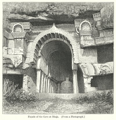 Fasada jaskini w Bhaja (grawerunek) autorstwa English School