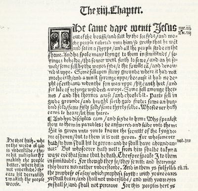 Faksymile Ewangelii św. Mateusza, rozdział XIII, wersety 1-15, z Tyndales Testament, ilustracja z Historii protestantyzmu Jamesa Aitkena Wylie (1808-1890), wyd. 1878 autorstwa English School