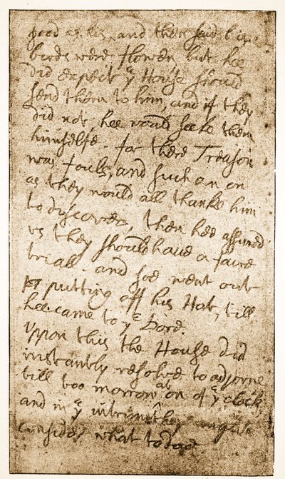 Faksymile strony notatek Sir Ralpha Verneya o Długim Parlamencie z Memoirs of the Verney Family (zdjęcie w sepii) autorstwa English School