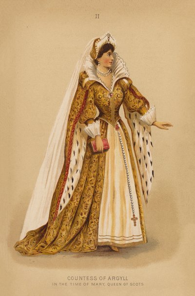 Fantazyjne stroje: Hrabina Argyll w czasach Marii, królowej Szkotów (kolorowa litografia) autorstwa English School