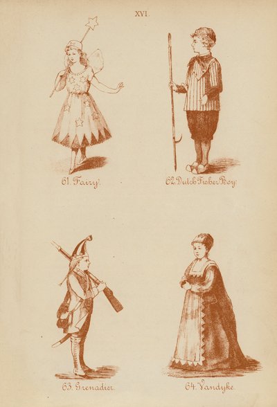 Fantazyjne stroje: Wróżka, Holender, Grenadier, Vandyke (litografia) autorstwa English School