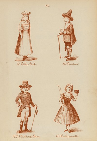 Fantazyjne stroje: Pillar Post, Puritan, Old Fashioned Bean, Harlequinette (litho) autorstwa English School