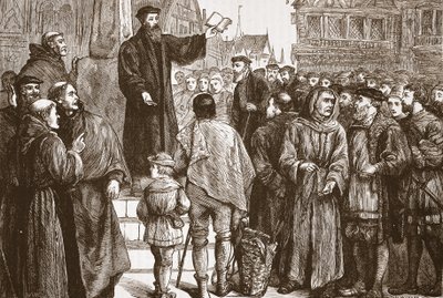 Kazanie Farel na rynku w Neuchatel, ilustracja z Historii protestantyzmu Jamesa Aitkena Wylie (1808-1890), wyd. 1878 autorstwa English School