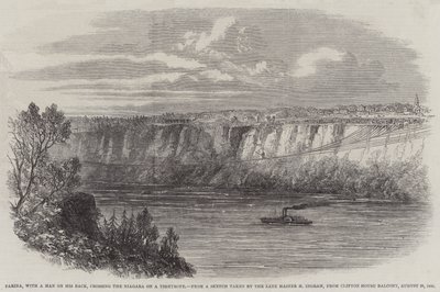 Farina, z mężczyzną na plecach, przekraczania Niagara na linie, z balkonu Clifton House, 29 sierpnia 1860 (rycina) autorstwa English School
