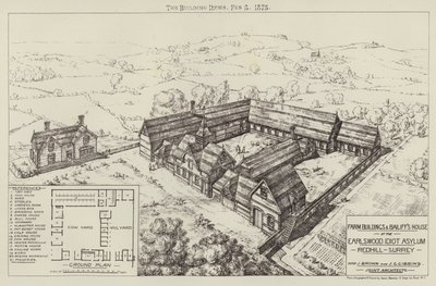 Budynki gospodarcze i dom komornika w Earlswood Idiot Asylum, Redhill, Surrey (grawerowanie) autorstwa English School