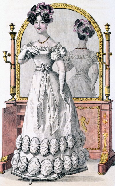 Talerz z modą damy w stroju wieczorowym, reklama z "Modes de Paris", ok. 1825 (kolorowy grawer) (detal 100997) autorstwa English School