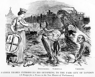 Ojciec Thames przedstawia swoje potomstwo w Fair City of London, potomstwo to dyfteryt, skrofula i cholera. Bardziej otwarty kanał niż rzeka, obrzydliwy stan Tamizy w Londynie. autorstwa English School