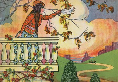 Fatima macha, aby przyciągnąć uwagę swoich braci (kolorowa litografia) autorstwa English School