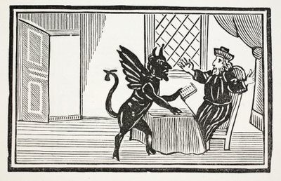 Faust ostrzeżony przez Ducha, by oczekiwał swego końca, ilustracja z ksiąg rozdziałów XVIII wieku autorstwa Johna Ashtona, wyd. 1882 autorstwa English School