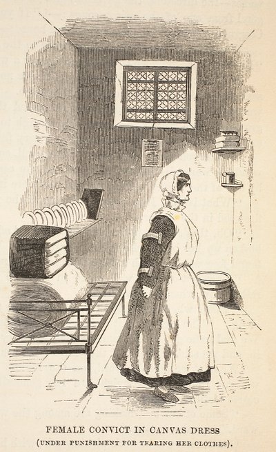 Skazana kobieta w płóciennej sukience (pod karą za rozdarcie ubrania), ilustracja z The Criminal Prisons of London i Scenes from Prison Life autorstwa Henry