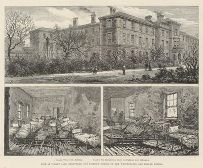 Pożar w Forest Gate, Stratford, Okręgowej Szkole Związku Whitechapel i Topoli (rycina) autorstwa English School