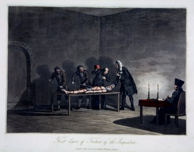 Pierwszy stopień tortur Inkwizycji, wyryty przez L.C. Stadler, wyd. Cadell & Davies, Londyn, ok. 1813 (kolorowy grawer) autorstwa English School