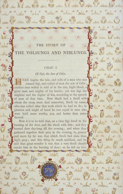 Pierwsza strona z The Story of The Volsungs and Niblungs, c.1870 autorstwa English School