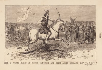 Pierwsza pieczęć, biały koń ewangelicznego podboju i przesłanie pierwszego anioła (grawerunek) autorstwa English School