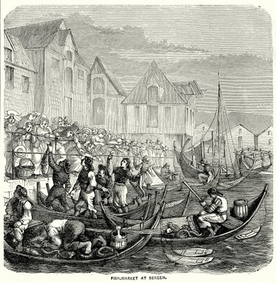 Targ rybny w Bergen (rycina) autorstwa English School