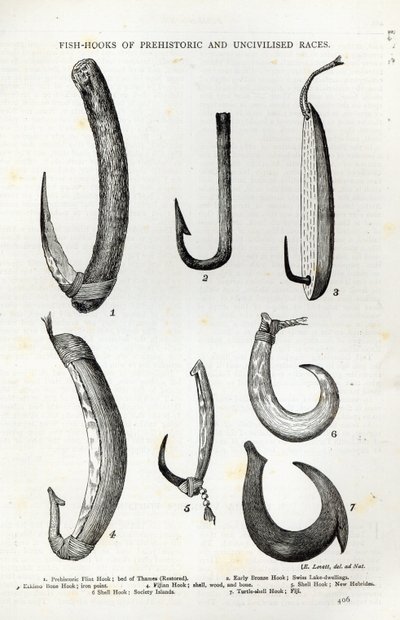 Haczyki na ryby ras prehistorycznych i niecywilizowanych, z „Godziny wypoczynku”, 1888 (rycina) autorstwa English School