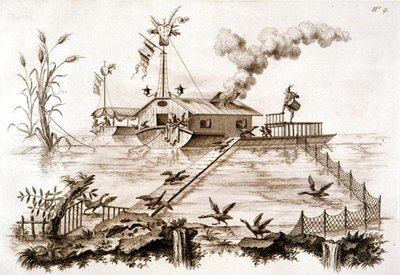Łowienie kormoranów przy użyciu łodzi wodnej i ogrodzonego ogrodzenia, ilustracja z „Traktatu o japonowaniu i lakierowaniu…” autorstwa George