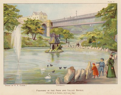 Staw rybny w parku i most Valley Bridge, Scarborough (kolorowa litografia) autorstwa English School