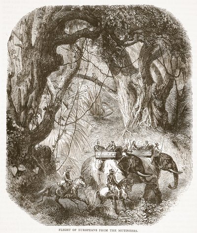 Ucieczka Europejczyków przed buntownikami, ilustracja z Cassells Illustrated History of England autorstwa English School
