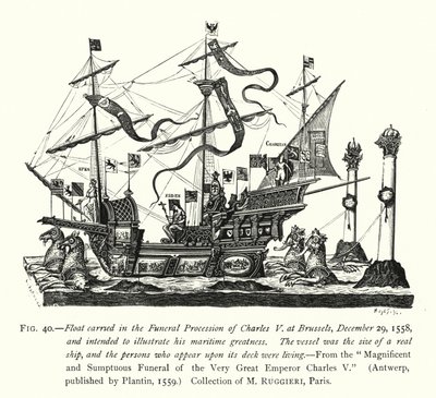 Pływak niesiony w procesji żałobnej Karola V w Brukseli, 29 grudnia 1558, mający zilustrować jego morską wielkość (rycina) autorstwa English School