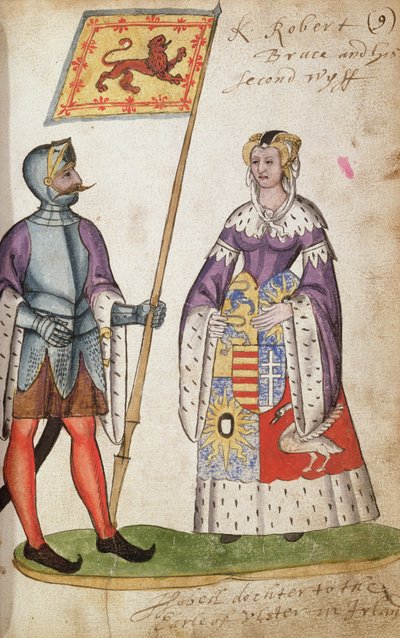 Fol.9 Robert the Bruce i jego druga żona, Elizabeth de Burgh, z herbarza Seton, 1591 autorstwa English School