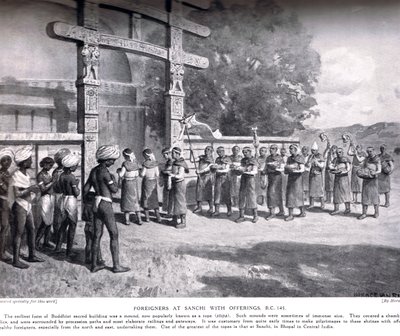 Cudzoziemcy w Sanchi z ofiarami w 145 pne, ilustracja z Historii Narodów Hutchinsonów, c.1910 autorstwa English School