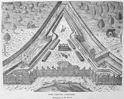 Fort Caroline Ukończony, z „The Narrative and Critical History of America”, pod redakcją Justina Winsora, Londyn, 1886 autorstwa English School