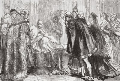 Franciszek I na łożu śmierci, ilustracja z Historii protestantyzmu Jamesa Aitkena Wylie (1808-1890), wyd. 1878 autorstwa English School