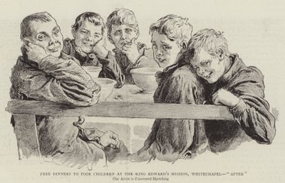 Darmowe obiady dla biednych dzieci w misji króla Edwarda, Whitechapel, „po” (grawerowanie) autorstwa English School