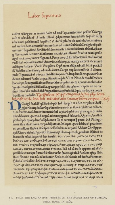 Z Laktancjusza, wydrukowany w klasztorze Subiaco pod Rzymem, 1465 (lito) autorstwa English School