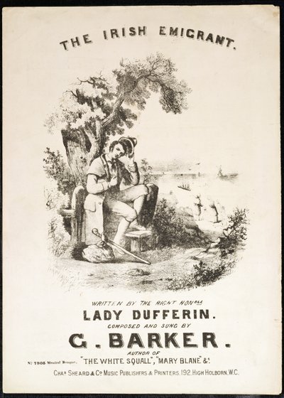 Okładka nuty do utworu The Irish Immigrant, napisana przez Lady Dufferin, skomponowana przez G. Barker autorstwa English School