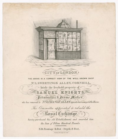 Front nr 3, Sweetings Alley, Cornhill, ostatnio własność Samuel Knights, Printseller i Frame Maker autorstwa English School